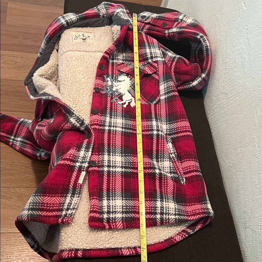 # *045= Unisex Red Plaid Jacket with WHT Horse Patch - Picture 4 of 17
